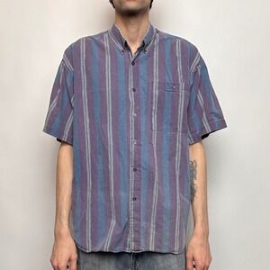 Ivory Coast Vintage 90s Striped Short Sleeve Button Down Shirt Purple Blue L